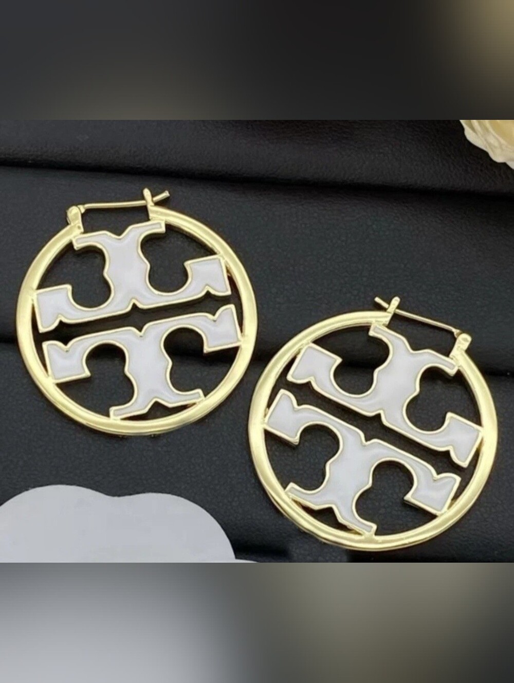 Tory Burch Gold Tone Hoop Earrings with White Enamel Logo